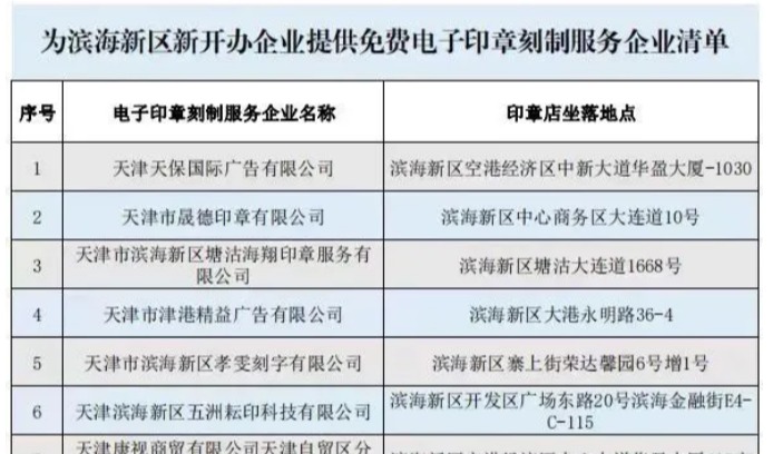 天津市滨河新区为企业免费发放电子印章，网上办事更便利