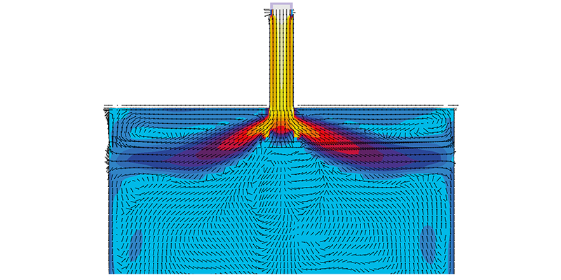 Velocity distribution by using a typical nozzle design for thin slab casting