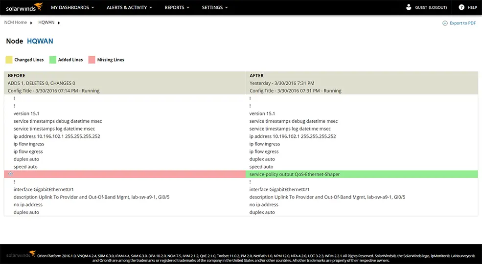 SolarWinds Network Configuration Manager 使用两个配置文件间的差异视图，识别配置差异