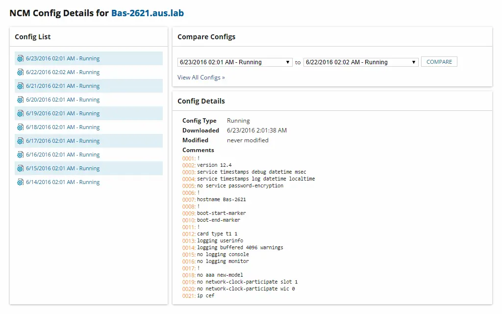 SolarWinds Network Configuration Manager 集中存储配置数据