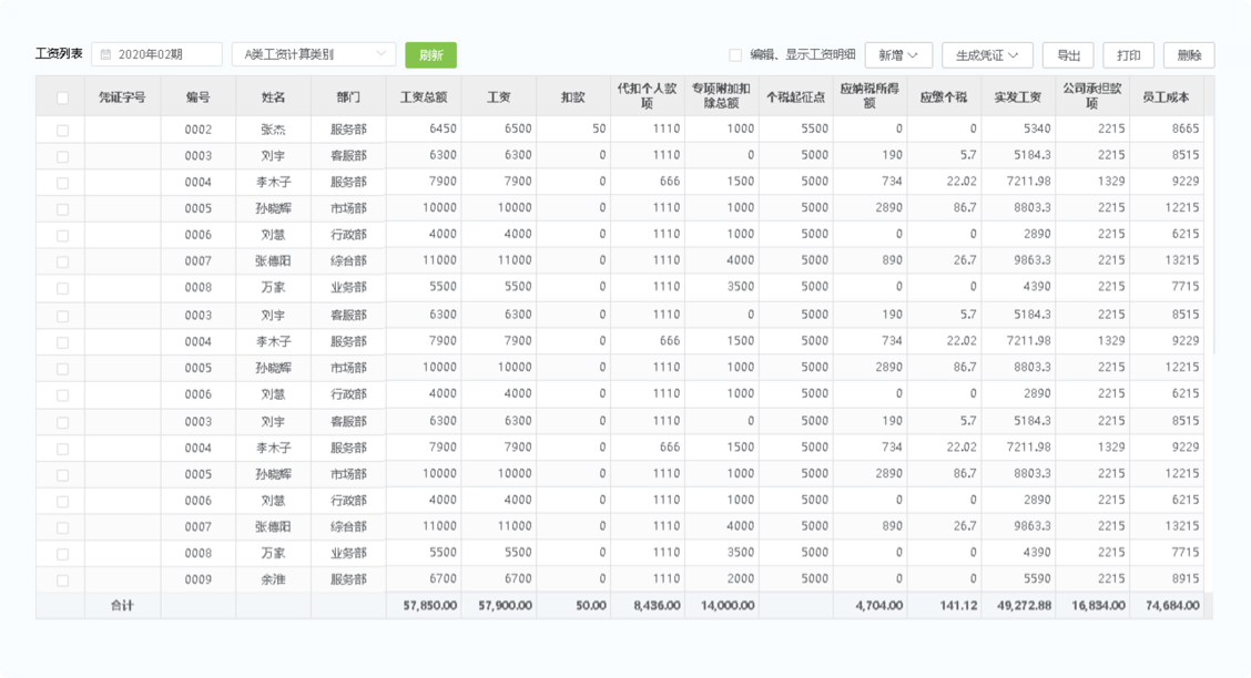 浪潮云会计 薪资自动计算
