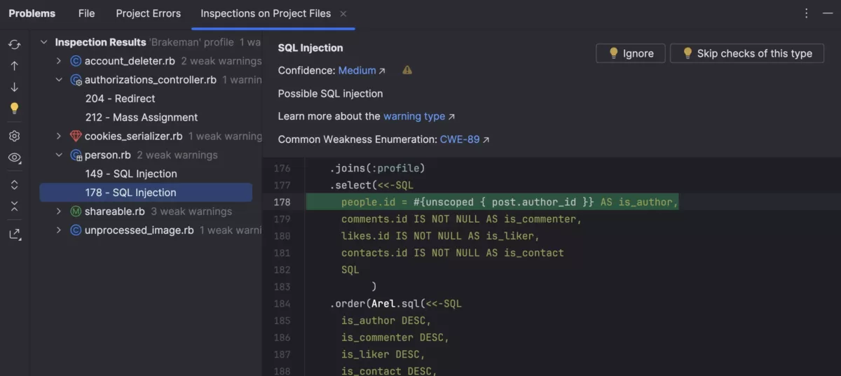 JetBrains RubyMine Brakeman 代码检查