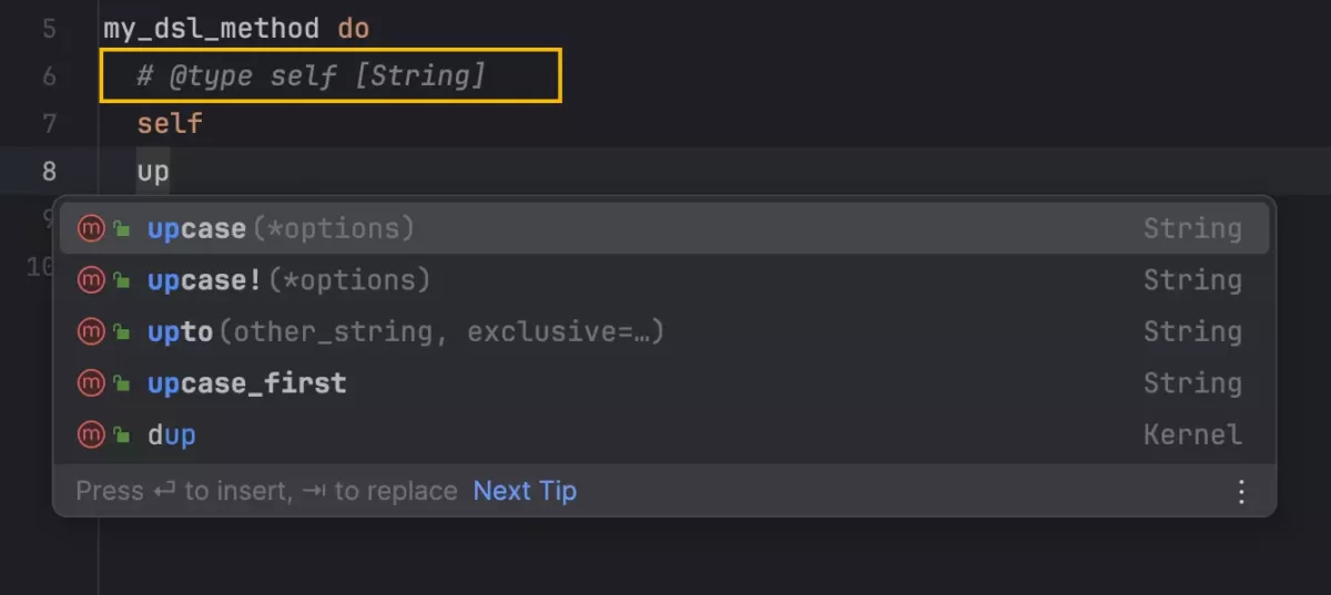 JetBrains RubyMine 指定块的自类型的自定义注解