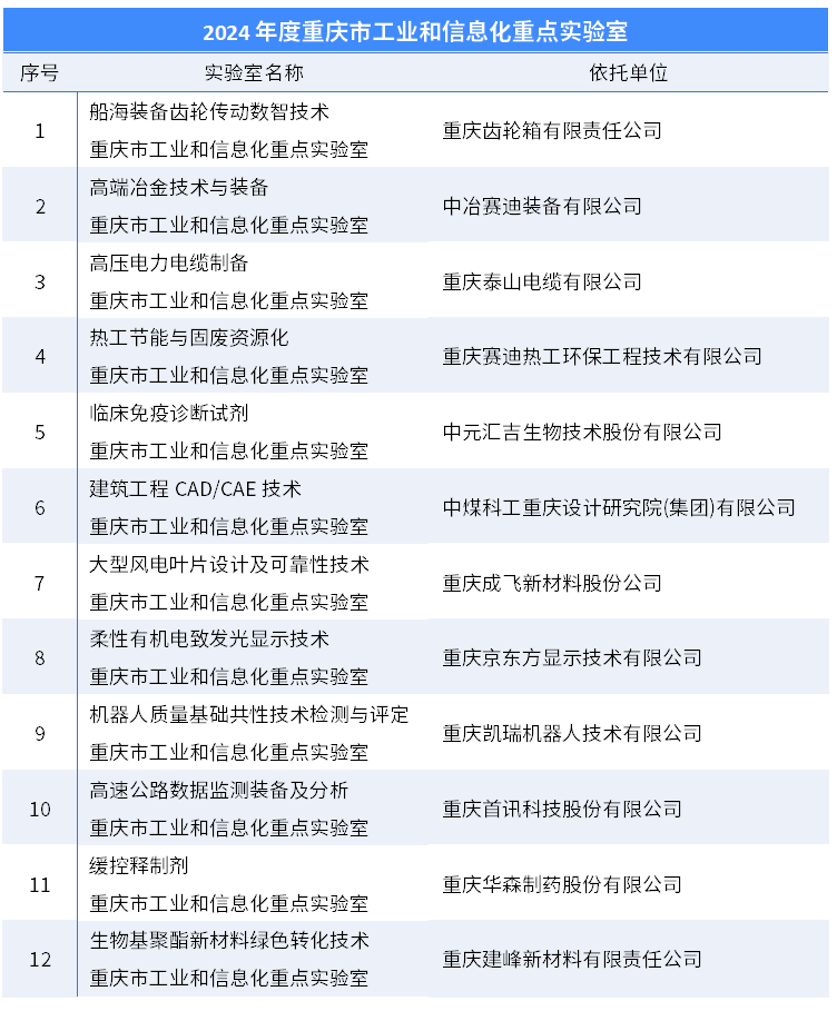 2024年度重庆市工业和信息化重点实验室名单