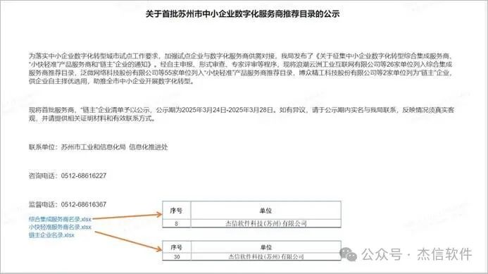 喜讯!双项入选!杰信软件实力登榜苏州市中小企业数字化转型综合集成服务商、“小快轻准”服务商推荐目录