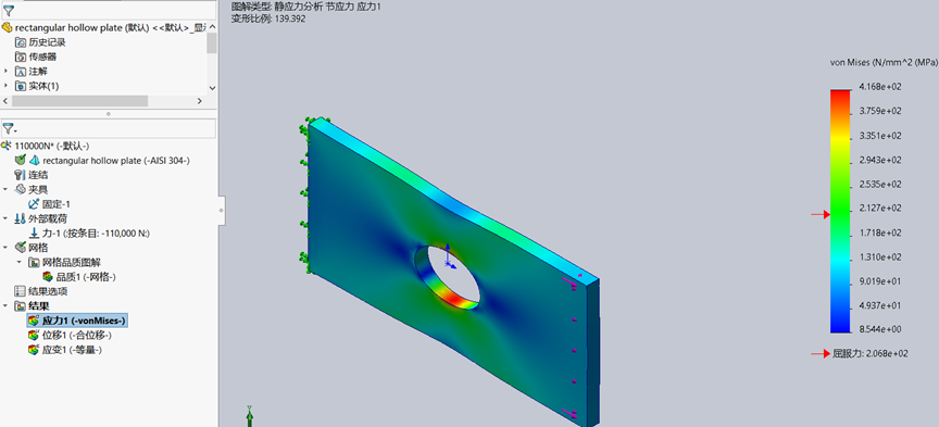 循环荷载下零件寿命如何预测?SOLIDWORKS Simulation疲劳板块带孔矩形板实例解析