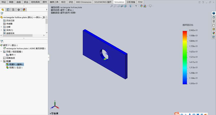 循环荷载下零件寿命如何预测?SOLIDWORKS Simulation疲劳板块带孔矩形板实例解析