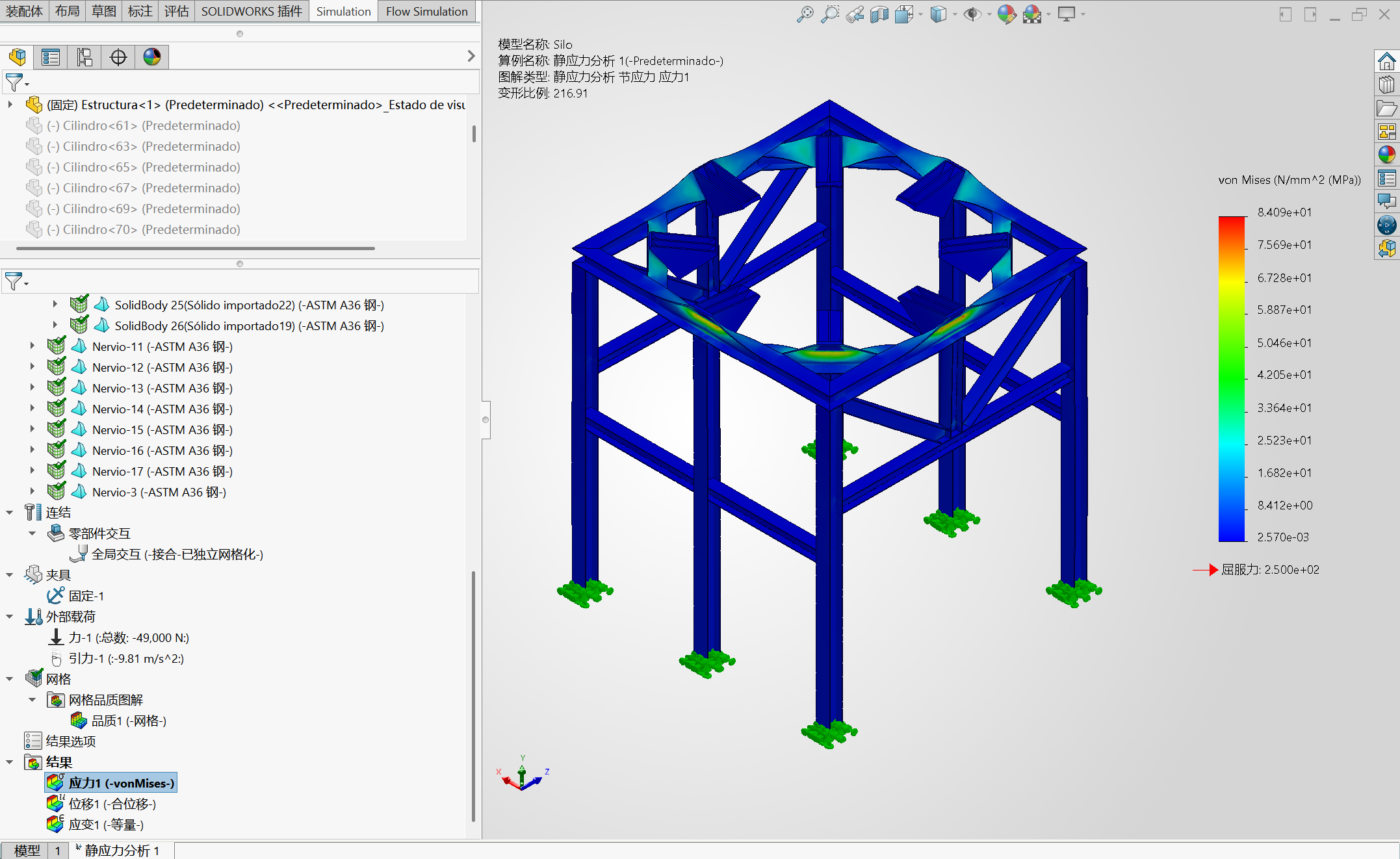 基于SOLIDWORKS Simulation的筒仓支撑架有限元强度与刚度分析