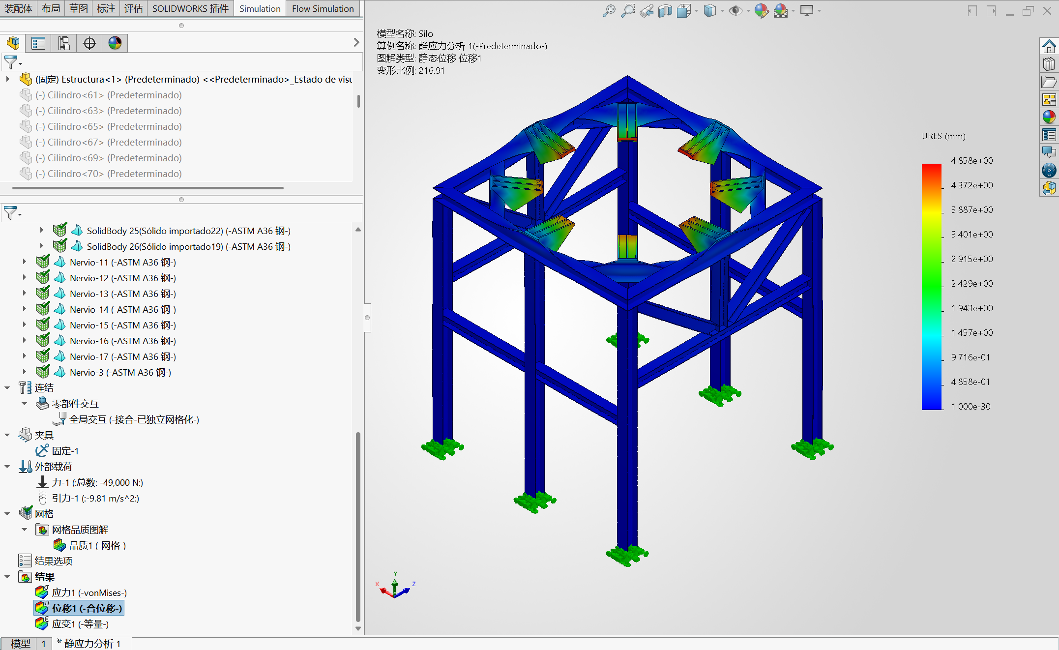 基于SOLIDWORKS Simulation的筒仓支撑架有限元强度与刚度分析